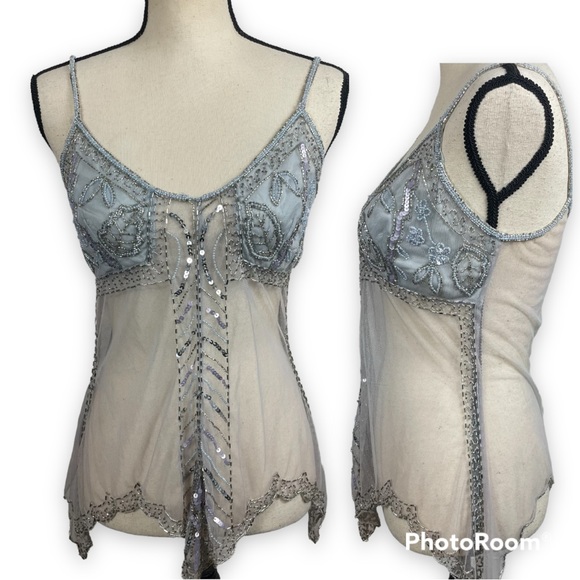 Vintage Tops - Vintage 90’s Y2K Sheer See Through Gatsby Art Deco Beaded Embellished Shirt  S